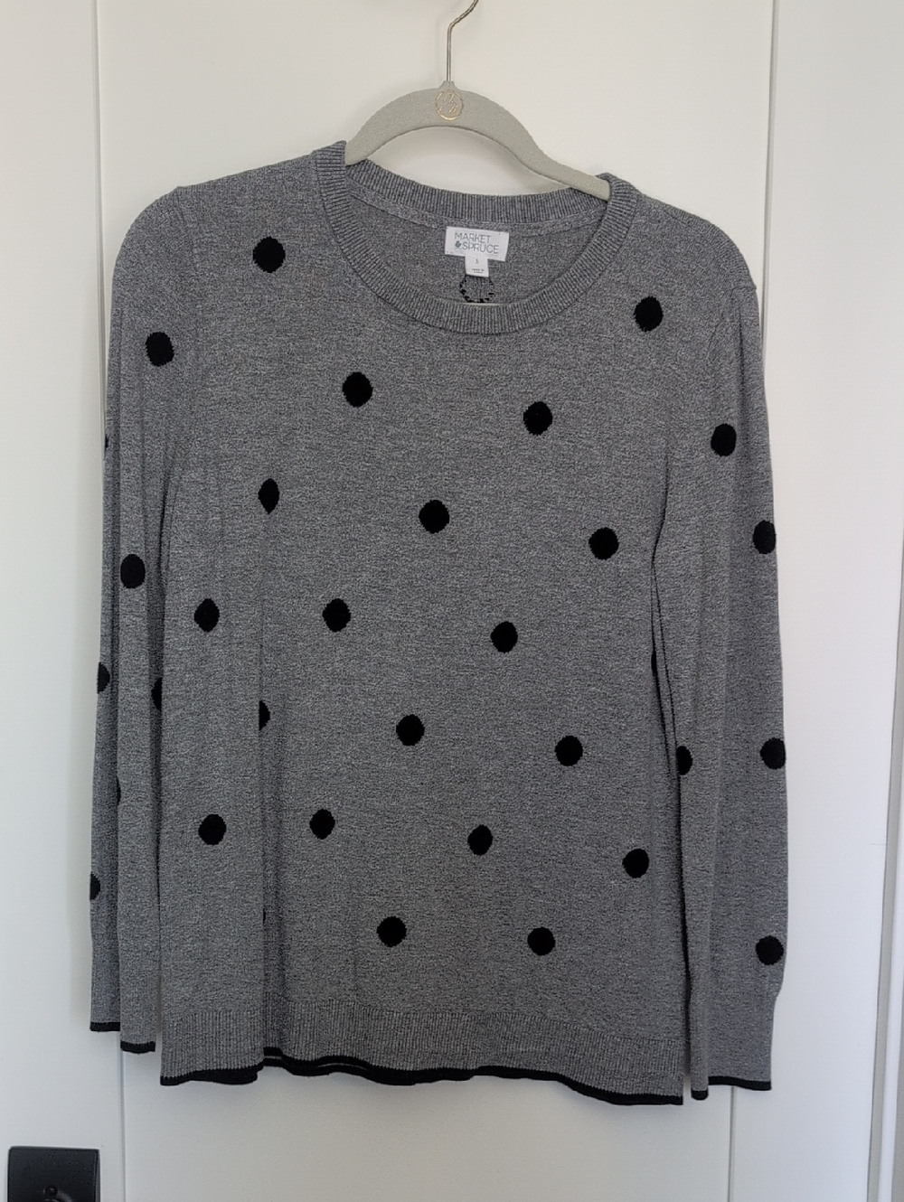 Market & Spruce Gray Crewneck Sweater with Black Polka Dots